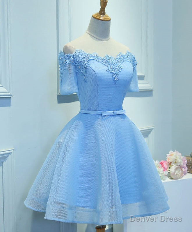 Blue A Line Tulle Short Sleeve Lace Short Prom Dress, Blue Cute Homecoming Dresses Main image