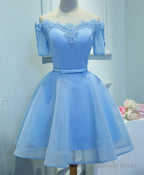 Blue A Line Tulle Short Sleeve Lace Short Prom Dress, Blue Cute Homecoming Dresses