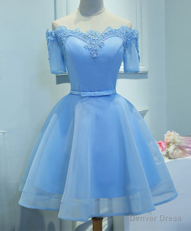 Blue A Line Tulle Short Sleeve Lace Short Prom Dress, Blue Cute Homecoming Dresses