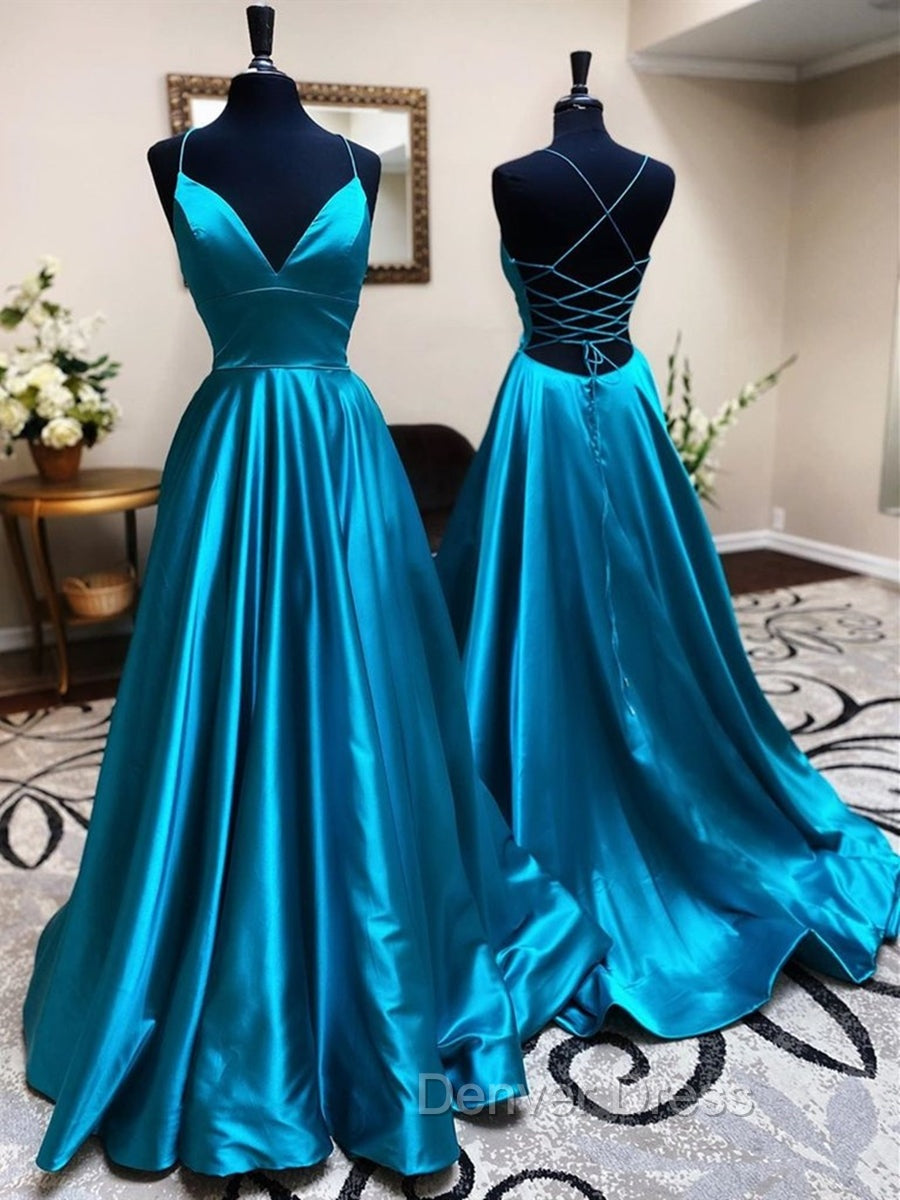Blue A Line V Neck Backless Satin Long Prom Dresses Open Back Formal Graduation Evening Gowns Secondary image