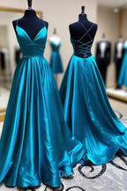 Blue A Line V Neck Backless Satin Long Prom Dresses Open Back Formal Graduation Evening Gowns