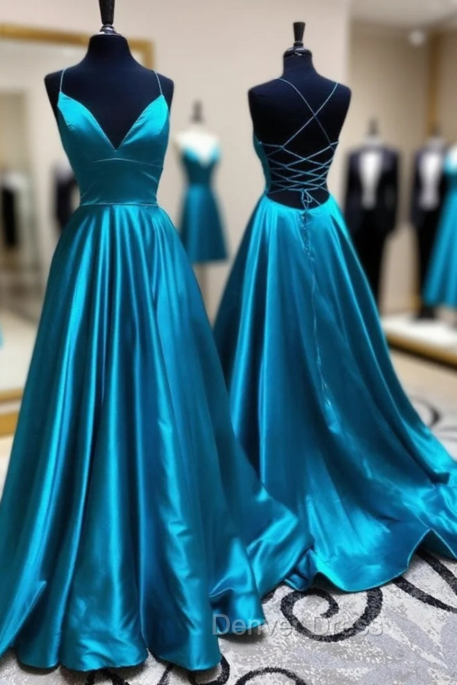 Blue A Line V Neck Backless Satin Long Prom Dresses Open Back Formal Graduation Evening Gowns