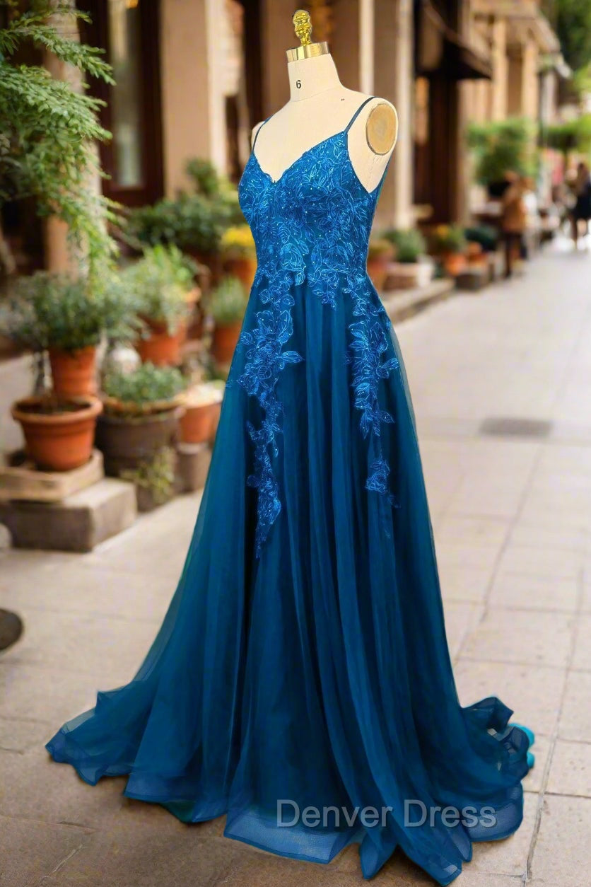 Blue A-line V Neck Prom Dresses Spaghetti Straps Sweep Train Tulle Evening Dresses With Appliqued Secondary image