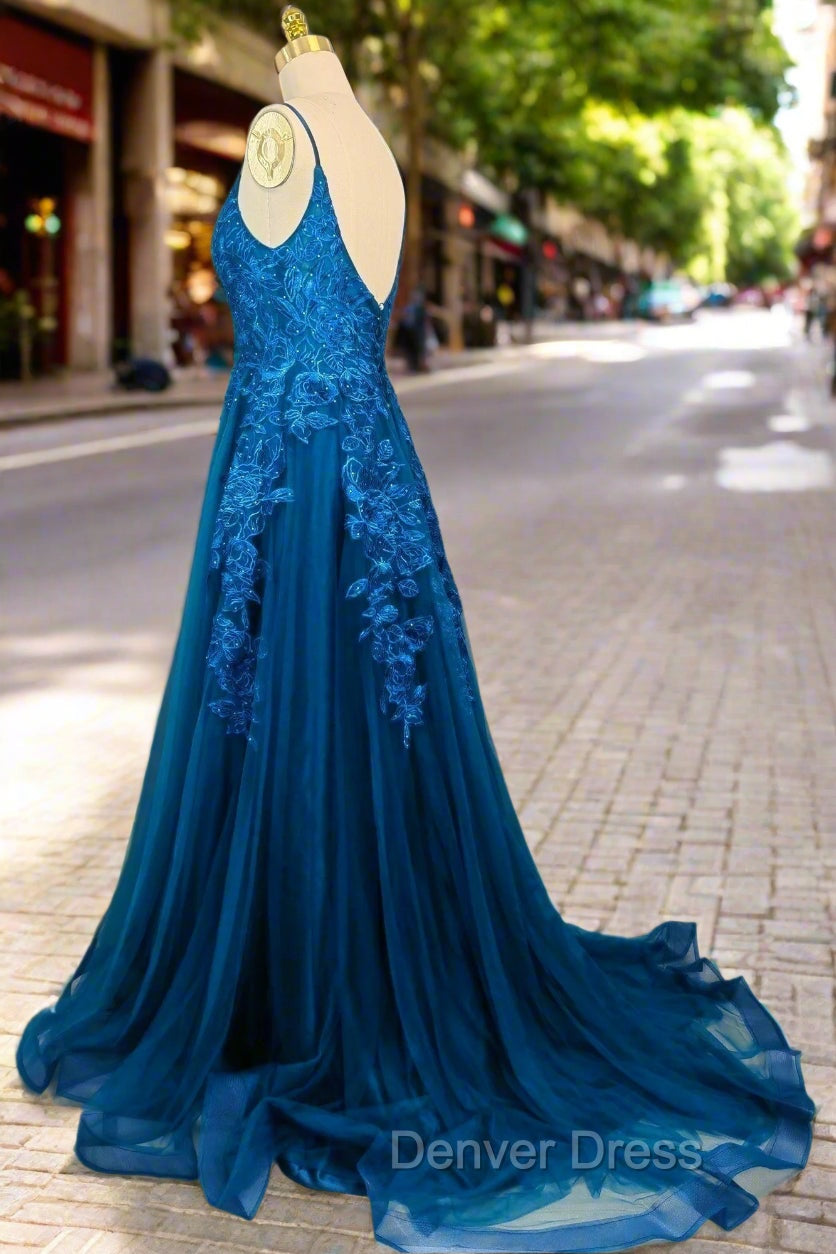 Blue A Line V Neck Prom Dress Spaghetti Straps Sweep Train Tulle Prom Dresses With Appliqued