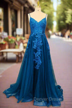 Blue A Line V Neck Prom Dress Spaghetti Straps Sweep Train Tulle Prom Dresses With Appliqued