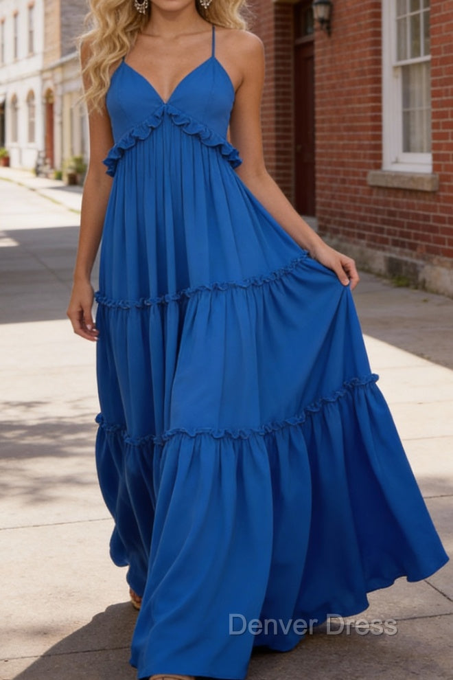 Blue A-line V Neck Sleeveless Floor-Length Chiffon Prom Dress Long Prom Dresses Backless with Pleated Ruffles