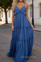 Blue A-line V Neck Sleeveless Floor-Length Chiffon Prom Dress Long Prom Dresses Backless with Pleated Ruffles