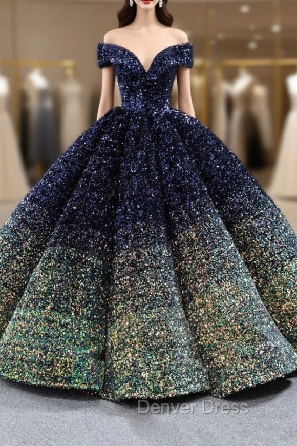 Blue And Green Sequins Off the Shoulder Prom Dresses Main image
