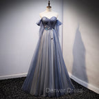 Blue and Grey Tulle Long Sweetheart  Party Dresses, Tulle A-line Formal Dresses