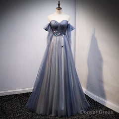 Blue and Grey Tulle Long Sweetheart  Party Dress, Tulle A-line Formal Dress