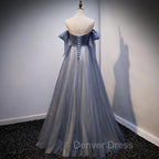 Blue and Grey Tulle Long Sweetheart  Party Dresses, Tulle A-line Formal Dresses