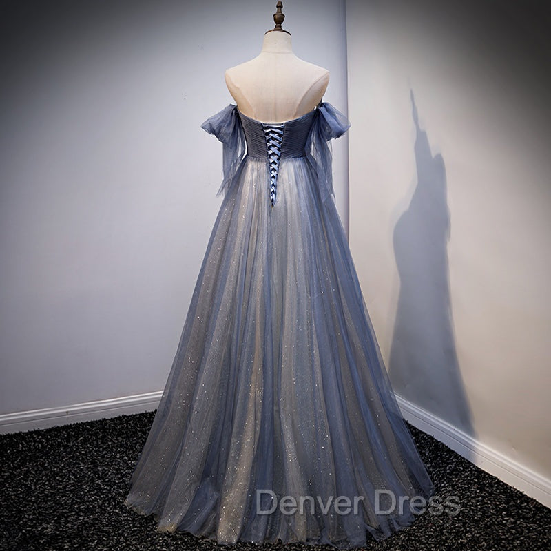 Blue and Grey Tulle Long Sweetheart  Party Dresses, Tulle A-line Formal Dresses