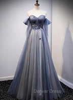 Blue and Grey Tulle Long Sweetheart  Party Dresses, Tulle A-line Formal Dresses