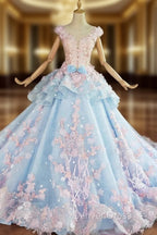 Blue and Pink Ball Gown Tulle with Flowers Sweet 16 Dresses, Blue Formal Dresses