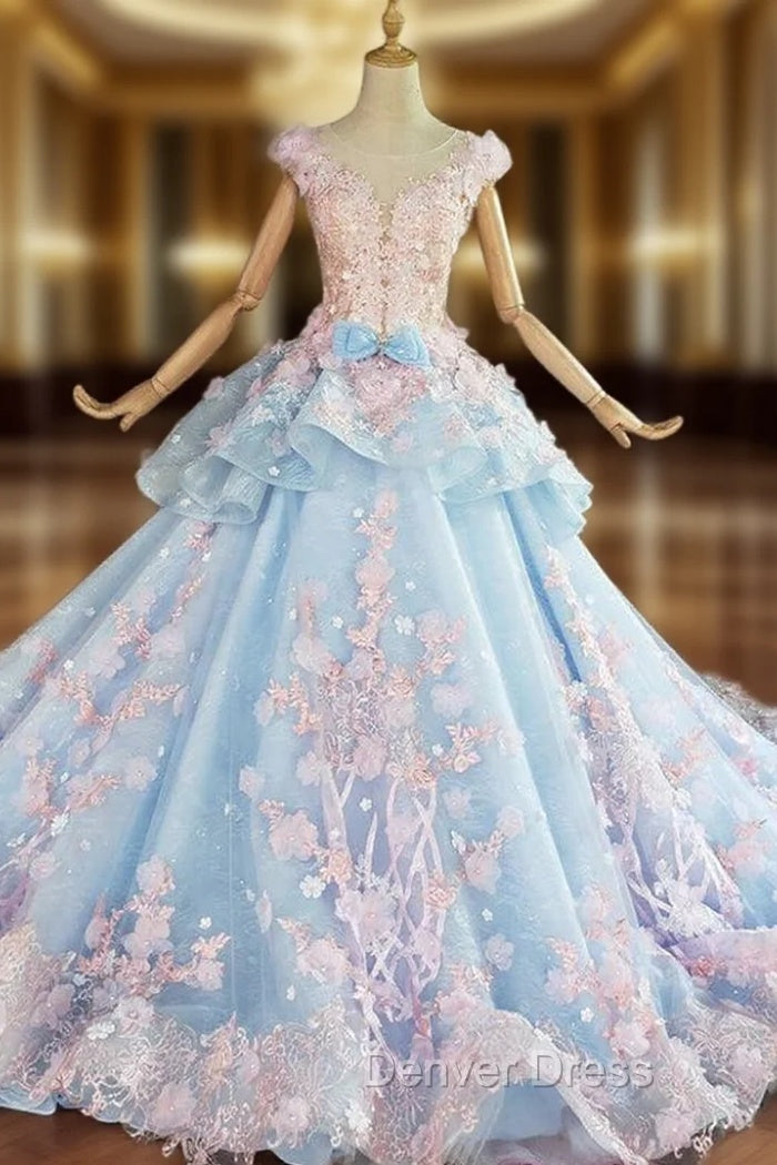 Blue and Pink Ball Gown Tulle with Flowers Sweet 16 Dresses, Blue Formal Dresses
