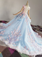 Blue and Pink Ball Gown Tulle with Flowers Sweet 16 Dresses, Blue Formal Dresses