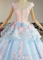 Blue and Pink Ball Gowns Tulle with Flowers Sweet 16 Dress, Blue Prom Dresses