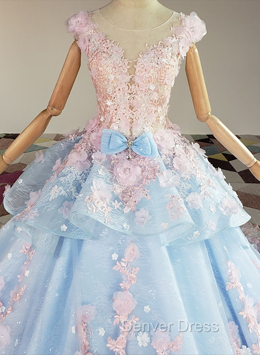 Blue and Pink Ball Gowns Tulle with Flowers Sweet 16 Dress, Blue Prom Dresses
