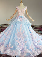 Blue and Pink Ball Gown Tulle with Flowers Sweet 16 Dresses, Blue Formal Dresses