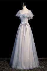 Blue And Pink Beaded Tulle Lovely A-Line Long Party Dress, Tulle Evening Dresses Prom Dresses