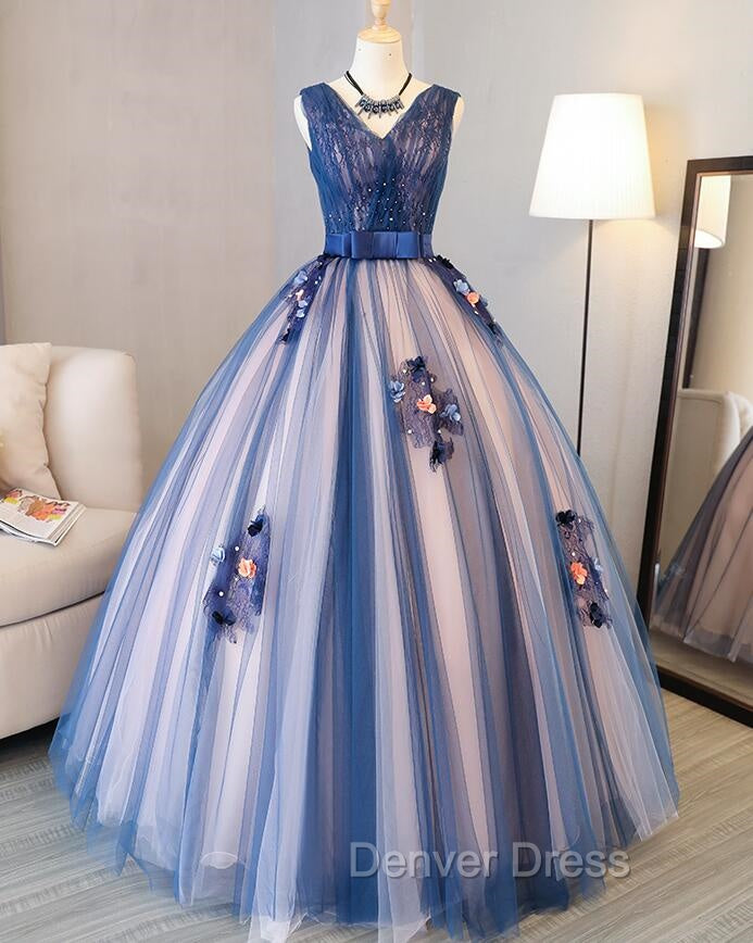 Blue and Pink Flower Lace Applique V-neckline Sweet 16 Gown, Floor Length Formal Dresses