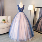 Blue and Pink Flower Lace Applique V-neckline Sweet 16 Gown, Floor Length Formal Dresses