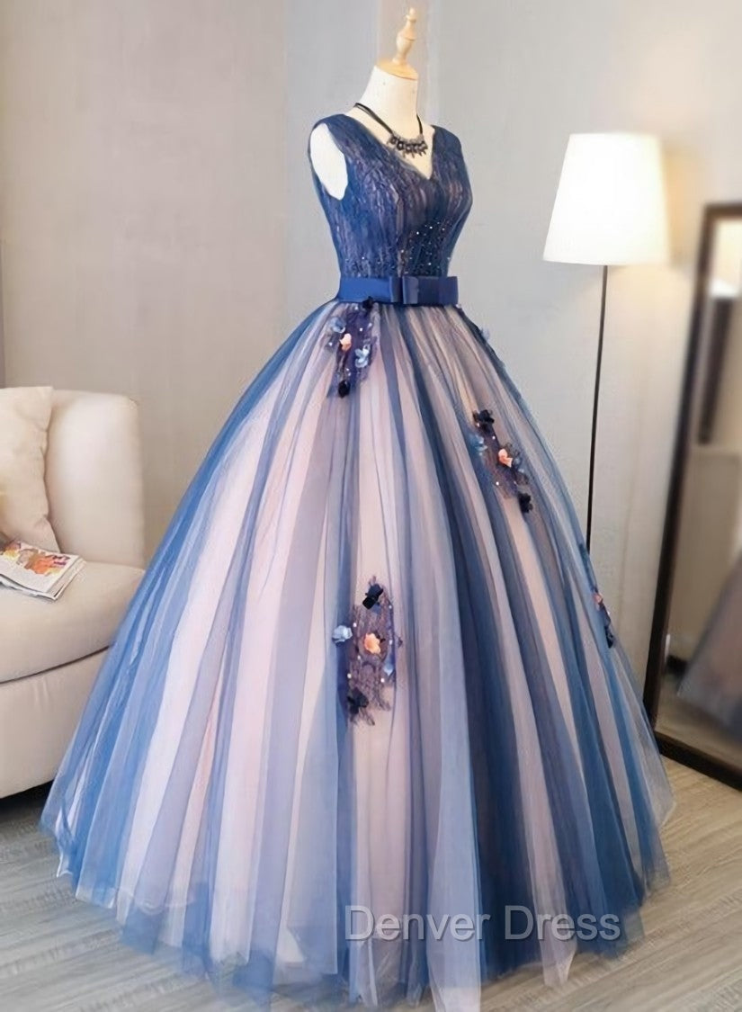 Blue and Pink Flower Lace Applique V-neckline Sweet 16 Gown, Floor Length Formal Dresses Main image