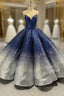 Blue And Silver Ball Gown Sequins Cap Sleeve Prom Dresses