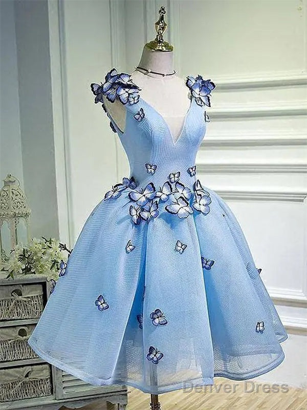 Blue Applique V-Neck Short Homecoming Dresses,