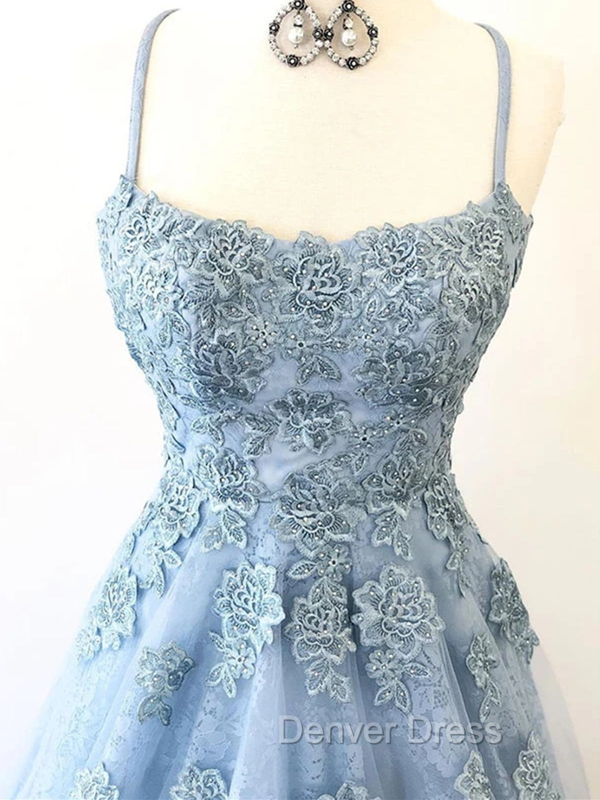 Blue Backless Lace Prom Dresses, Open Back Blue Lace Formal Evening Graduation Dresses Secondary image