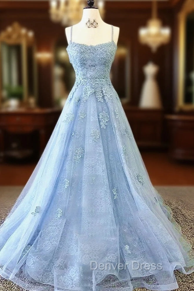Blue Backless Lace Prom Dress, Open Back Blue Lace Prom Graduation Dresses