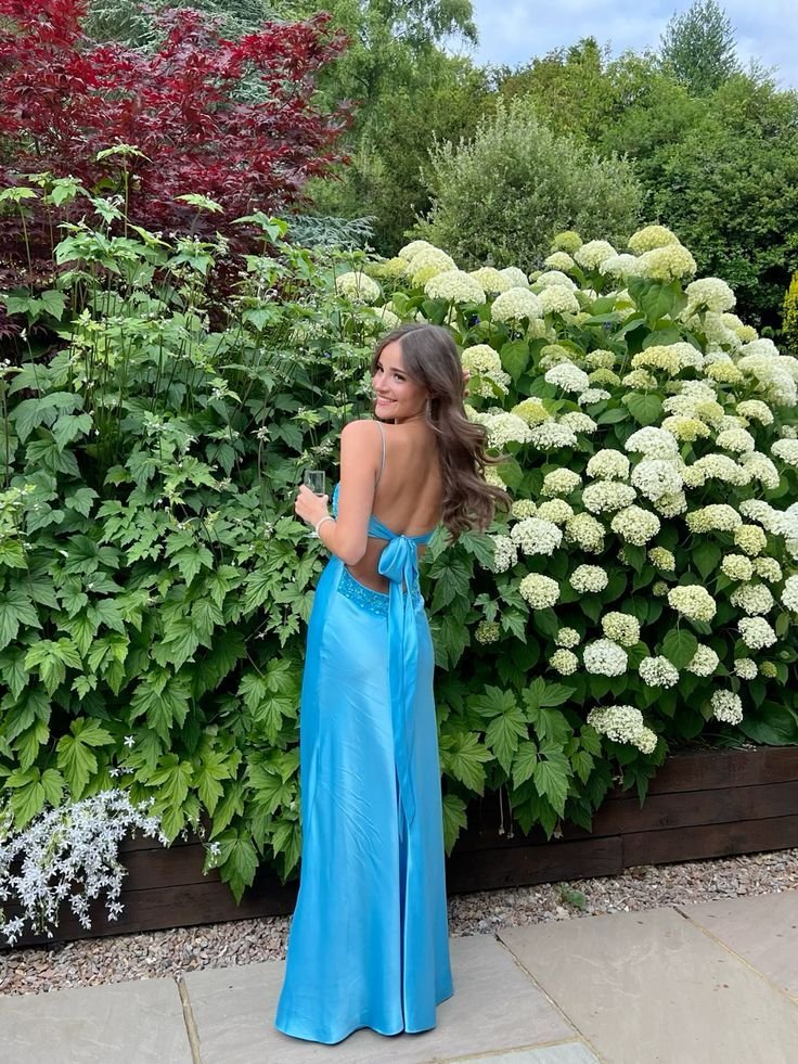 Blue Backless Mermaid Satin Long Prom Dresses