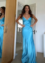 Blue Backless Mermaid Satin Long Prom Dresses