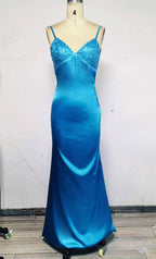Blue Backless Mermaid Satin Long Prom Dresses