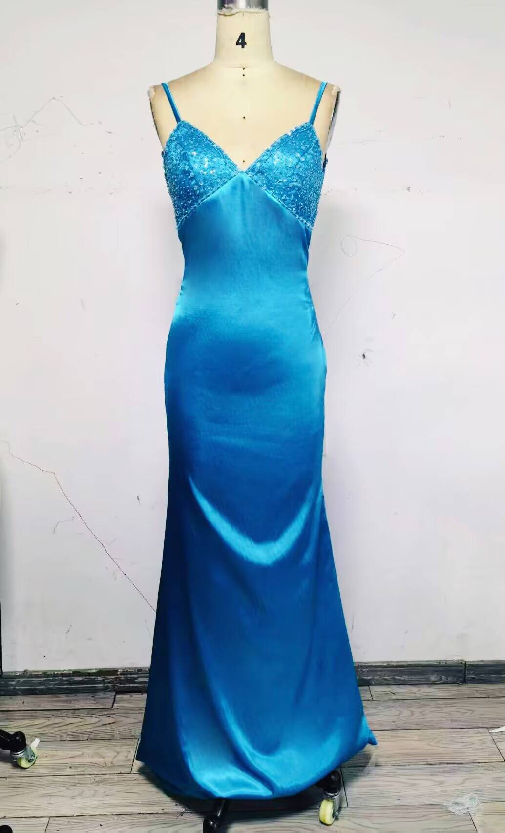 Blue Backless Mermaid Satin Long Prom Dresses