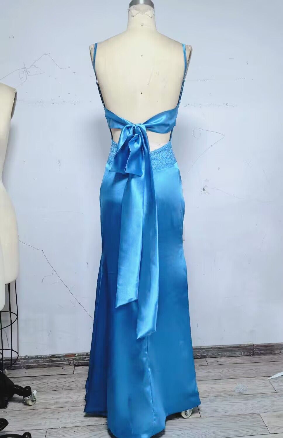 Blue Backless Mermaid Satin Long Prom Dresses
