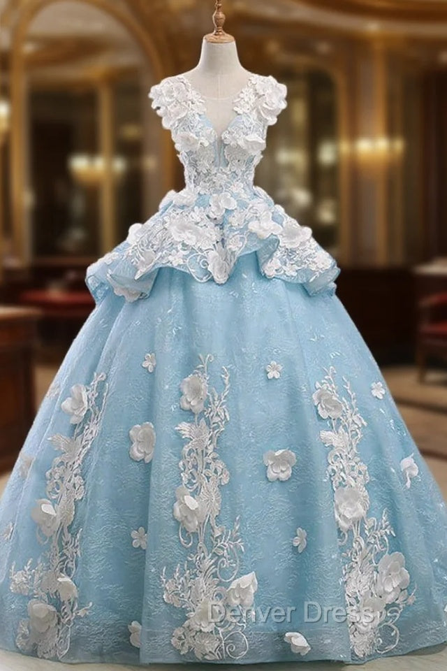 Blue Ball Gown Cap Sleeve Organza Flower Backless Wedding Dresses Main image
