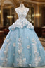Blue Ball Gown Cap Sleeve Organza Flower Backless Wedding Dresses