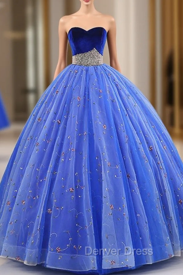 Blue Ball Gown Embroidery Tulle Sweetheart Quinceanera Dresses With Pearls Main image
