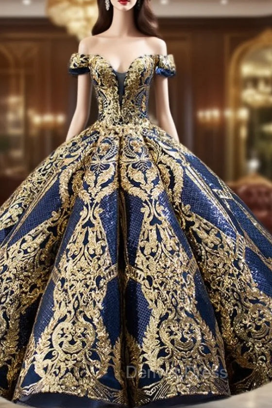 Blue Ball Gown Gold Sequins Off the Shoulder Deep V-neck Prom Dresses Main image