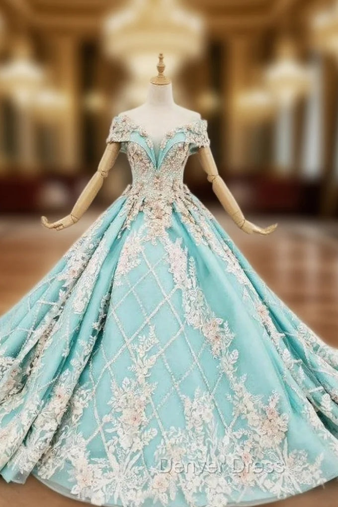 Blue Ball Gown Off the Shoulder Appliques Beading Prom Dresses Main image