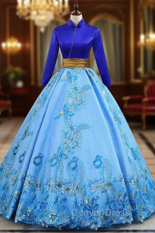 Blue Ball Gown Satin High Neck Long Sleeve Embroidery Quinceanera Dresses Main image