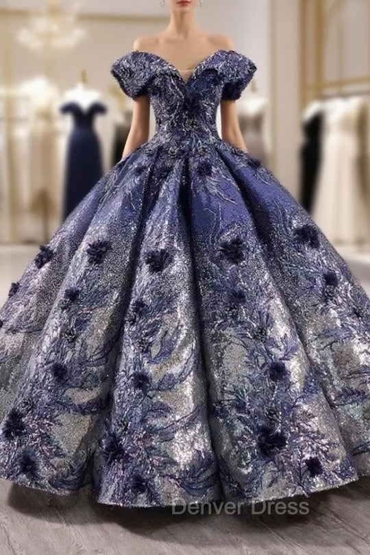 Blue Ball Gown Sequins Appliques Off the Shoulder Prom Dresses Main image