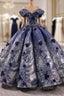 Blue Ball Gown Sequins Appliques Off the Shoulder Prom Dresses