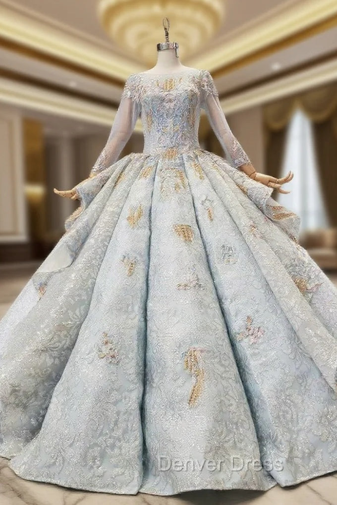 Blue Ball Gown Sequins Long Sleeve Appliques Luxury Wedding Dresses With Pearls Main image