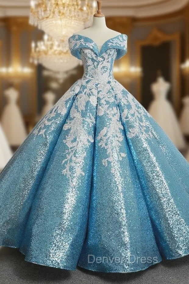 Blue Ball Gown Sequins Off The Shoulder Appliques Wedding Dresses Main image