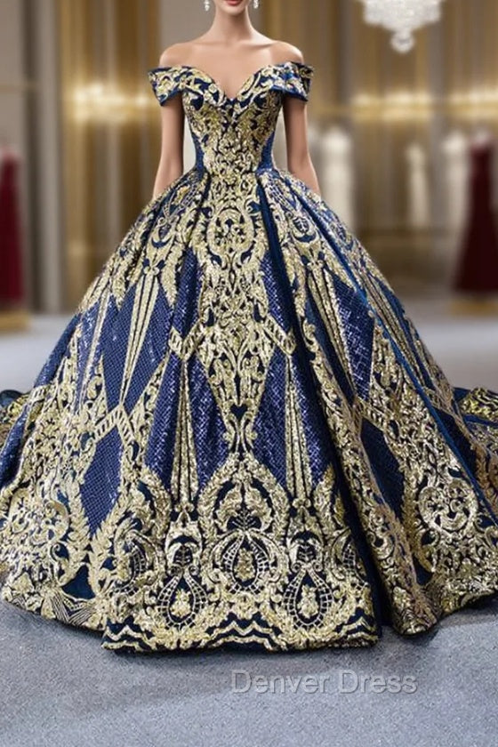 Blue Ball Gown Sequins Off the Shoulder Luxury Prom Dresses Main image