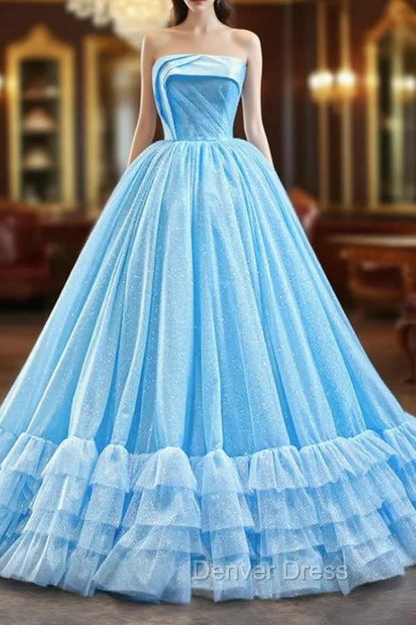 Blue Ball Gown Sequins Strapless Pleats Sleeveless Prom Dresses Main image