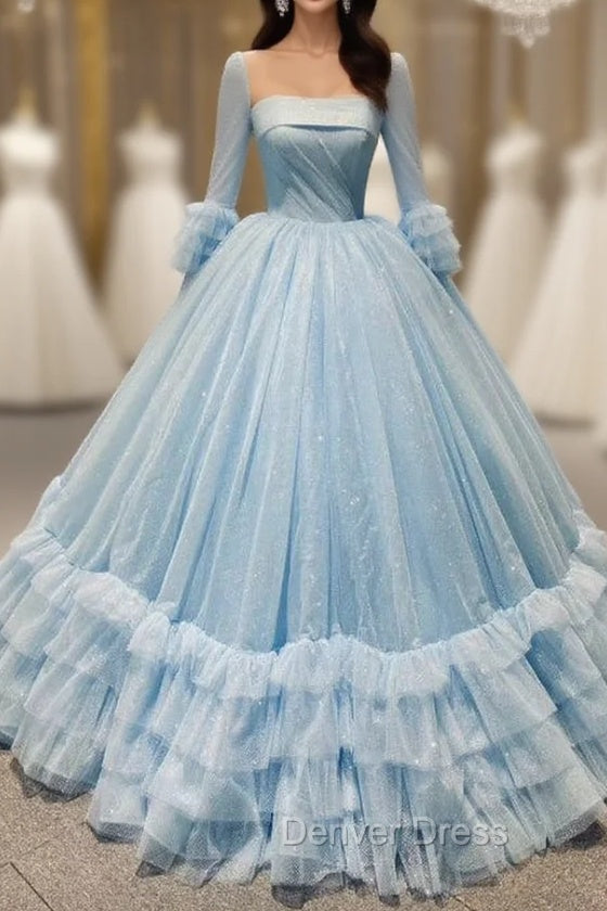 Blue Ball Gown Sequins Tulle Long Sleeve Pleats Prom Dresses Main image