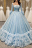 Blue Ball Gown Sequins Tulle Long Sleeve Pleats Prom Dresses
